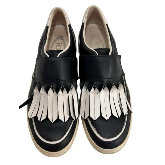 Tod's Kiltie Frangia Origami Fringe Slip On Sneakers Black Leather